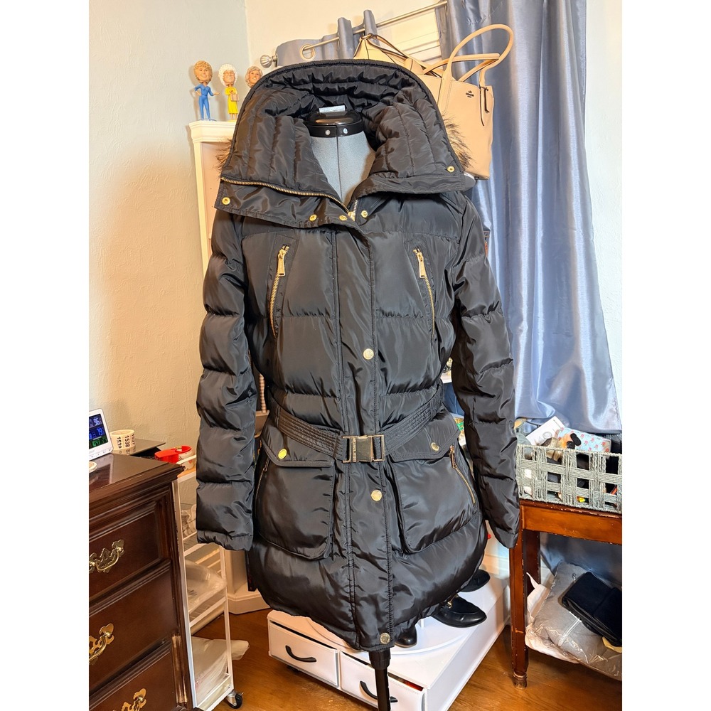 Michael Kors Puffer Coat Large Black Belted Faux Fur Hood Winter Chic Luxury